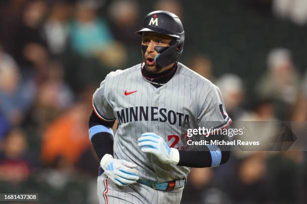 Royce Lewis of the Minnesota Twins celebrates after hitting a solo home run off Jose Urena of the Chicago White Sox during the fourth inning at...