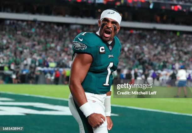 Jalen Hurts of the Philadelphia Eagles reacts as he takes the field prior to the game against the Minnesota Vikings at Lincoln Financial Field on...