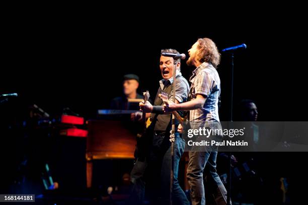 American rock musician Bruce Springsteen performs on stage with the E Street Band and special guest Eddie Vedder during the 'Wrecking Ball' tour at...