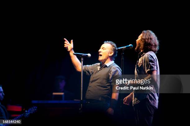 American rock musician Bruce Springsteen performs on stage with the E Street Band and special guest Eddie Vedder during the 'Wrecking Ball' tour at...
