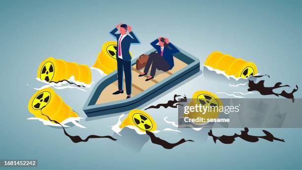 nuclear waste water discharge and pollution, marine pollution, environmental pollution, businessman's ship desperately sailing in an ocean full of nuclear waste water - water damage stock illustrations