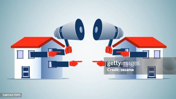 stockillustraties, clipart, cartoons en iconen met neighborhood conflicts, quarrels between neighbors, disagreements, moral issues, arguing with loudspeakers inside the neighbor's house and blaming each other - buren