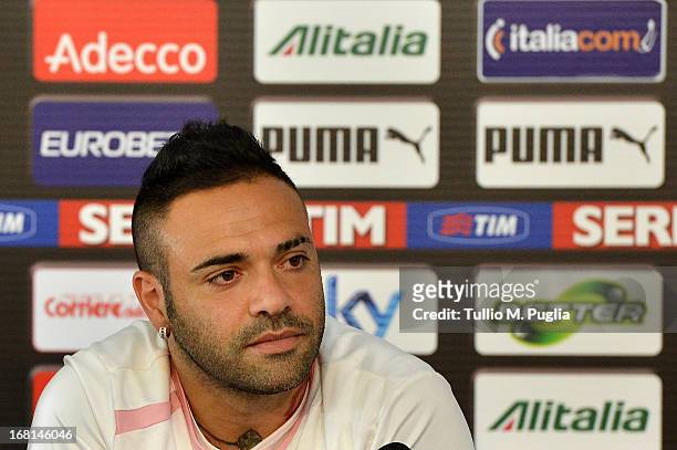 Captain Fabrizio Miccoli of Palermo answers questions during a press conference at Campo Tenente Onorato on May 6, 2013 in Palermo, Italy.