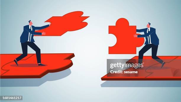 merger, reorganization or consolidation, cooperation, partnership, teamwork and support, business or friendship bridge, two businessmen joined together in a jigsaw puzzle - integrated marketing strategy stock illustrations
