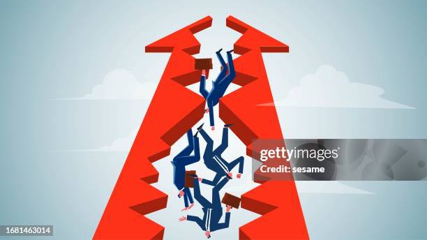 stockillustraties, clipart, cartoons en iconen met pitfalls or crises, wrong direction of development, wrong business investment decisions or business failures, uncertainty of risks and problems, businessmen falling down from the middle of the cracks of broken arrows - pitfall