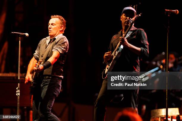 American rock musician Bruce Springsteen performs on stage with the E Street Band and special guest Tom Morello during the 'Wrecking Ball' tour at...