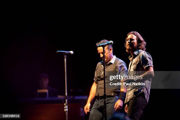 American rock musician Bruce Springsteen performs on stage with the E Street Band and special guest Eddie Vedder during the 'Wrecking Ball' tour at...