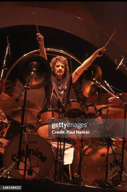 American rock musician Carmine Appice performs on stage, Chicago, Illinois, 1983.