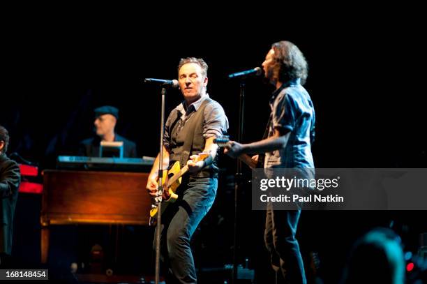 American rock musician Bruce Springsteen performs on stage with the E Street Band and special guest Eddie Vedder during the 'Wrecking Ball' tour at...