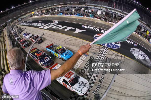 Christian Eckes, driver of the Gates Hydraulics Chevrolet, leads the field to the green flag to start the NASCAR Craftsman Truck Series UNOH 200...