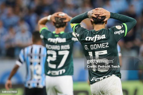 Gustavo Gomez of Palmeiras reacts after missing a chance to score during the match between Gremio and Palmeiras as part of Brasileirao 2023 at Arena...
