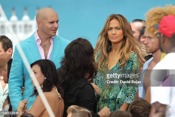 Pitbull and Jennifer Lopez shoot a commercial on May 5, 2013 in Fort Lauderdale, Florida.