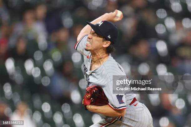 Kenta Maeda of the Minnesota Twins delivers a pitch during the seventh inning against the Chicago White Sox at Guaranteed Rate Field on September 14,...