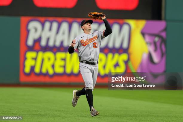 Baltimore Orioles left fielder Austin Hays makes a running catch for an out during the third inning of the Major League Baseball game between the...