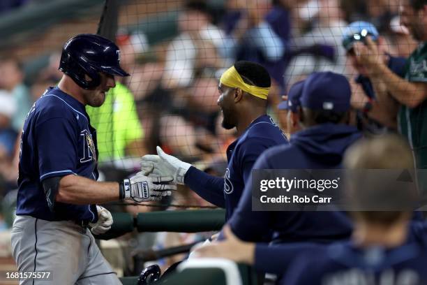 Luke Raley of the Tampa Bay Rays celebrates after hitting a solo home run in the seventh inning against the Baltimore Orioles at Oriole Park at...