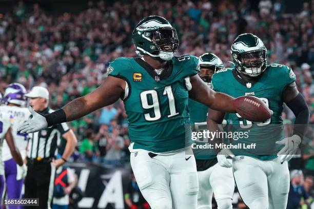 Fletcher Cox of the Philadelphia Eagles celebrates after recovering a fumble during the third quarter against the Minnesota Vikings at Lincoln...