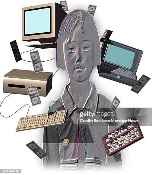 19p x 22p Reid Brown color illustration of schoolgirl surrounded by floating computer equipment, floating dollar bills.