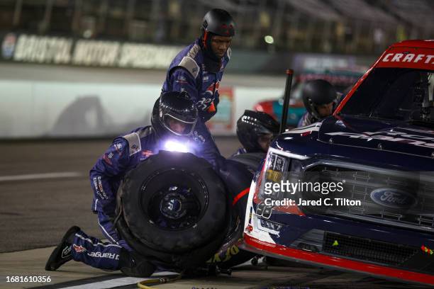 Ty Majeski, driver of the Road Ranger Ford, pits during the NASCAR Craftsman Truck Series UNOH 200 presented by Ohio Logistics at Bristol Motor...