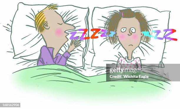 Tim Ladwig color illustration of woman being awake by snoring man in bed next to her.