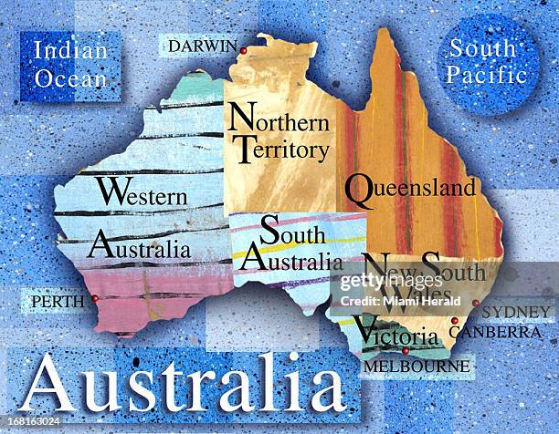 Philip Brooker color illustration: map of Australia showing the territories and identifying Sydney, Canberra, Melbourne, Darwin and Perth.