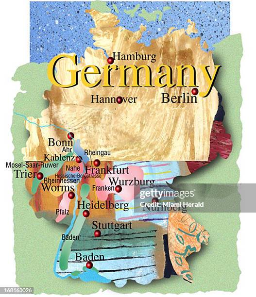 Phillip Brooker color illustration: stylized map of Germany with major cities, wine regions located.