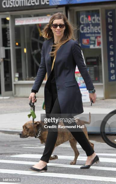 Actress Jessica Biel is seen walking her dog in Soho on May 6, 2013 in New York City.