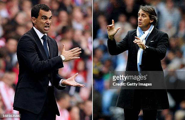 In this composite image a comparison has been made between Wigan Athletic manager Roberto Martinez and Manchester City manager Roberto Mancini....