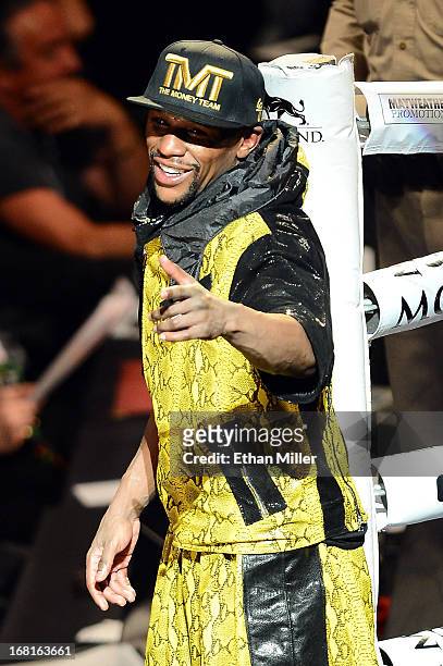 Floyd Mayweather Jr. Celebrates his unanimous-decision victory against Robert Guerrero in their WBC welterweight title bout at the MGM Grand Garden...