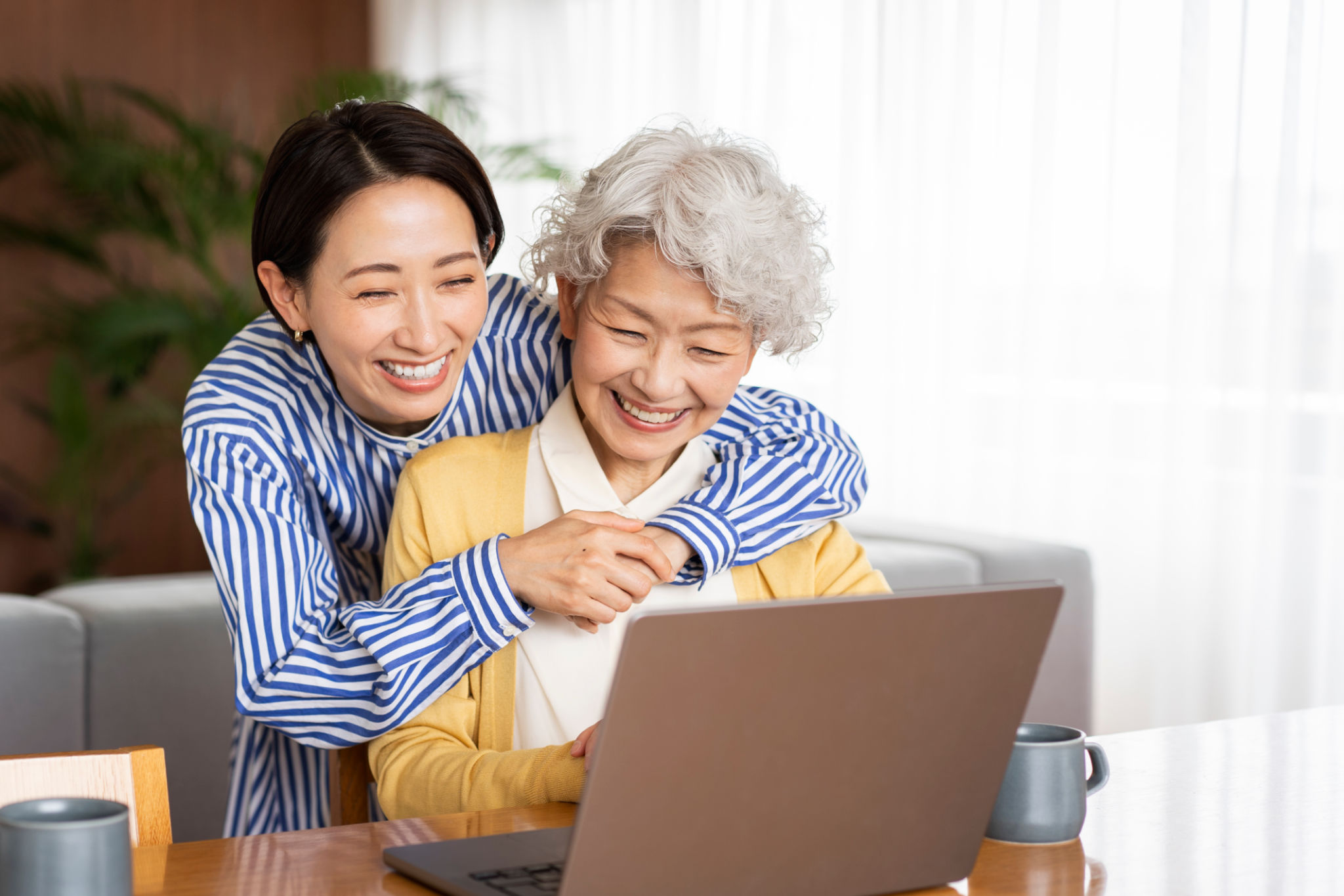 Two Asian women are looking at a laptop together. Two Asian women are looking at a laptop together.