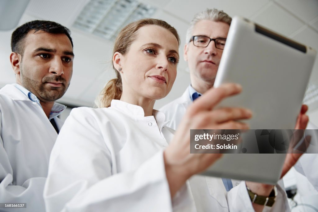 Three scientists in a laboratory, using tablet