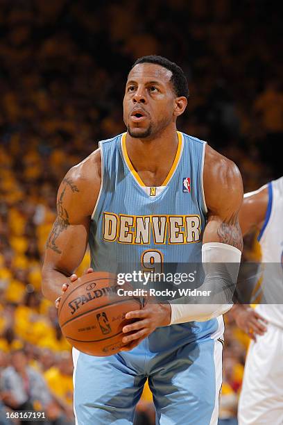 Andre Iguodala of the Denver Nuggets attempts a free throw shot against the Golden State Warriors in Game Six of the Western Conference Quarterfinals...