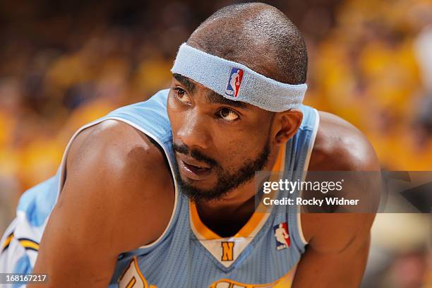 Corey Brewer of the Denver Nuggets faces off against the Golden State Warriors in Game Six of the Western Conference Quarterfinals during the 2013...