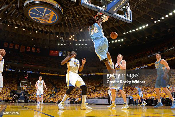 Kenneth Faried of the Denver Nuggets dunks against the Golden State Warriors in Game Six of the Western Conference Quarterfinals during the 2013 NBA...