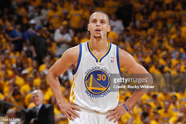 Stephen Curry of the Golden State Warriors during the game against the Denver Nuggets in Game Six of the Western Conference Quarterfinals during the...