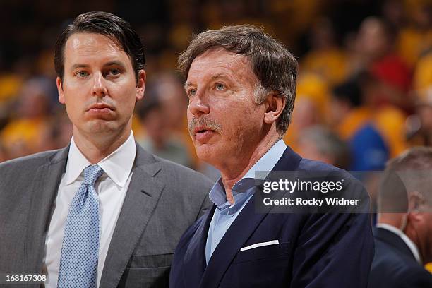 Owner Stan Kroenke and President Josh Kroenke of the Denver Nuggets watches their team face off against the Golden State Warriors in Game Six of the...