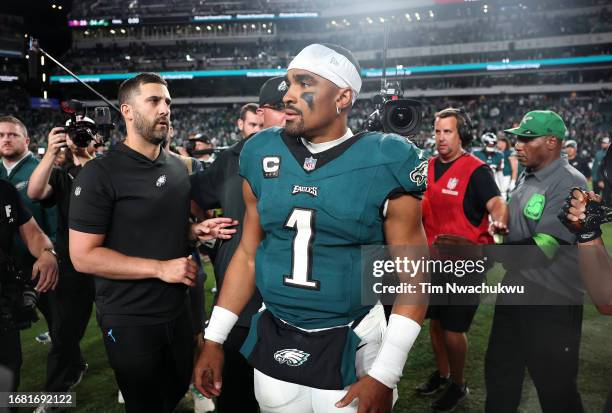 Jalen Hurts of the Philadelphia Eagles reacts after defeating the Minnesota Vikings 34-28 at Lincoln Financial Field on September 14, 2023 in...