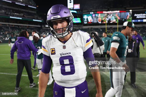 Kirk Cousins of the Minnesota Vikings reacts after being defeated by the Philadelphia Eagles 34-28 at Lincoln Financial Field on September 14, 2023...