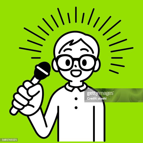 ilustraciones, imágenes clip art, dibujos animados e iconos de stock de un chico estudioso con gafas con montura de cuerno sosteniendo un micrófono, sonriendo y mirando al espectador, estilo minimalista, contorno en blanco y negro - gafas con marco grueso