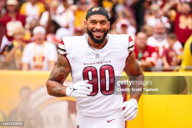 Montez Sweat of the Washington Commanders takes the field before the game against the Arizona Cardinals at FedExField on September 10, 2023 in...