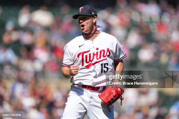 Emilio Pagan of the Minnesota Twins celebrates against the Tampa Bay Rays on September 13, 2023 at Target Field in Minneapolis, Minnesota.