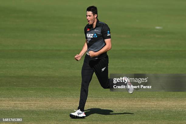 Will O'Rourke of New Zealand A celebrates bowling out Josh Philippe of Australia A during the match between Australia A and New Zealand A at Allan...