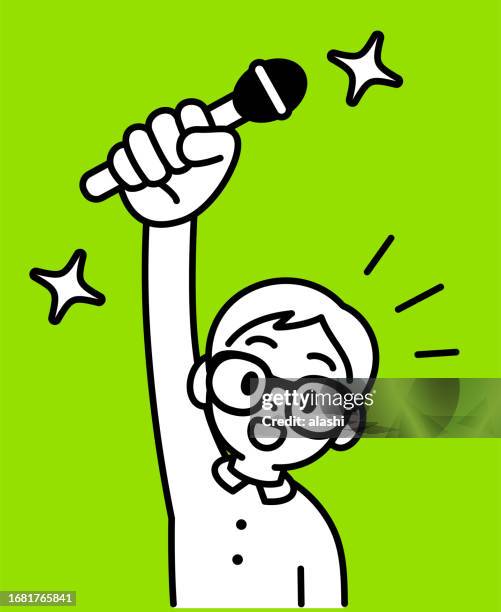 a studious boy with horn-rimmed glasses raises his right hand holding a microphone, smiling and looking at the viewer, minimalist style, black and white outline - horn rimmed glasses stock illustrations stock illustrations