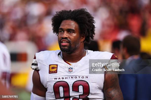 Jonathan Allen of the Washington Commanders looks on during the second half of the game against the Arizona Cardinals at FedExField on September 10,...