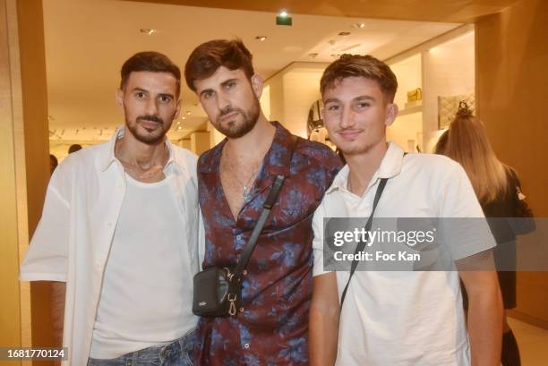 Amine Boulaiki, Yanis Bargoin and Sasha Herpin attend "Les Vendanges Montaigne" 2023 on September 14, 2023 in Paris, France.