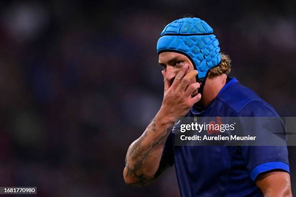 Bastien Chalureau of France reacts during the Rugby World Cup France 2023 match between France and Uruguay at Stade Pierre Mauroy on September 14,...