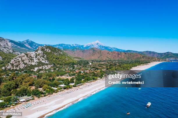 aerial view of the olympos beach in antalya, turkey - beach tourism in turkey stock pictures, royalty-free photos & images