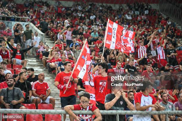 Olympiacos fans are having fun before the Europa League Group A match between Olympiacos FC and SC Freiburg at Georgios Karaiskakis Stadium on...