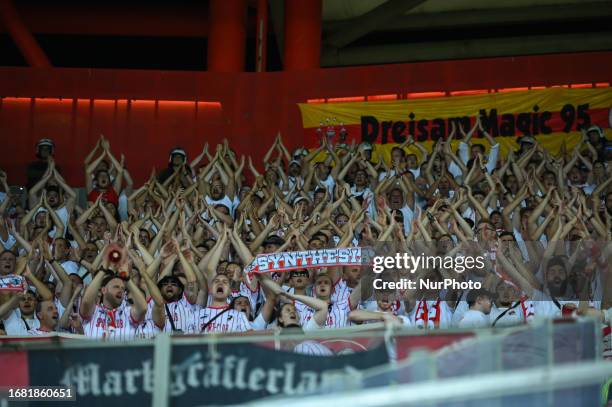 Freiburg fans celebrating the victory during the Europa League Group A match between Olympiacos FC and SC Freiburg at Georgios Karaiskakis Stadium on...