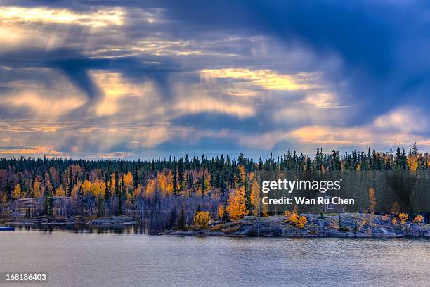 a log cabin by the lake - yellowknife canada stockfoto's en -beelden