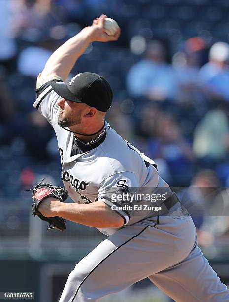 Jesse Crain of the Chicago White Sox throws against the Kansas City Royals in the 10th inning at Kauffman Stadium on May 6, 2013 in Kansas City,...